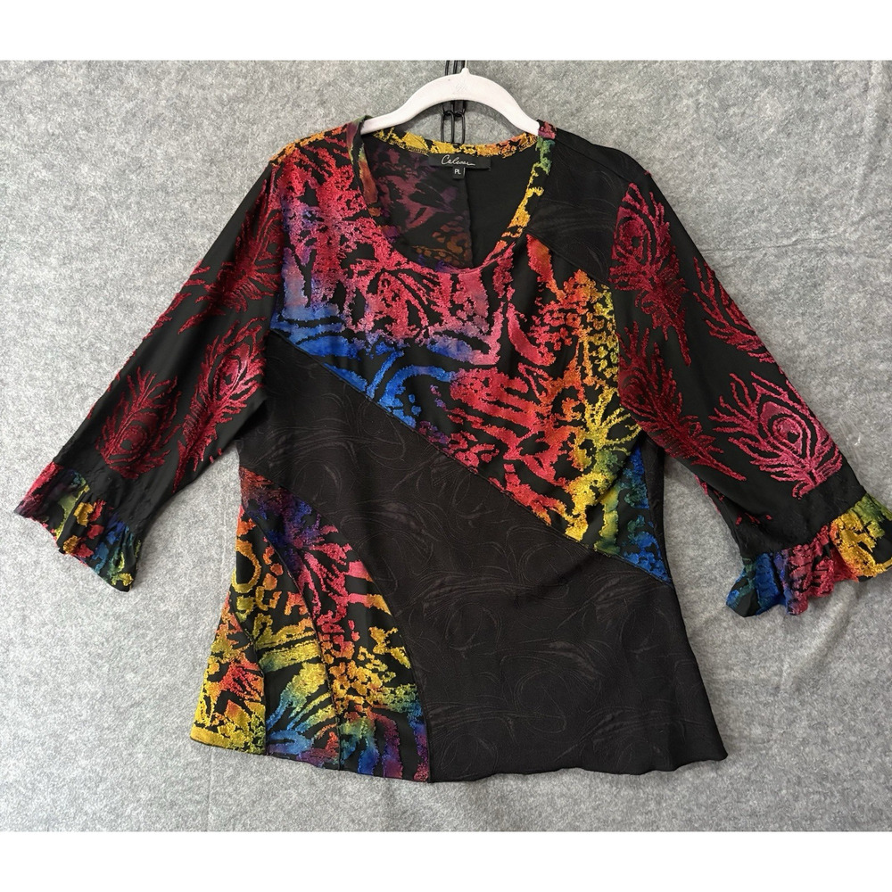 Calessa Blouse Tunic Womens Sz PL Black Embroidered Textured Flared‎ Sleeve